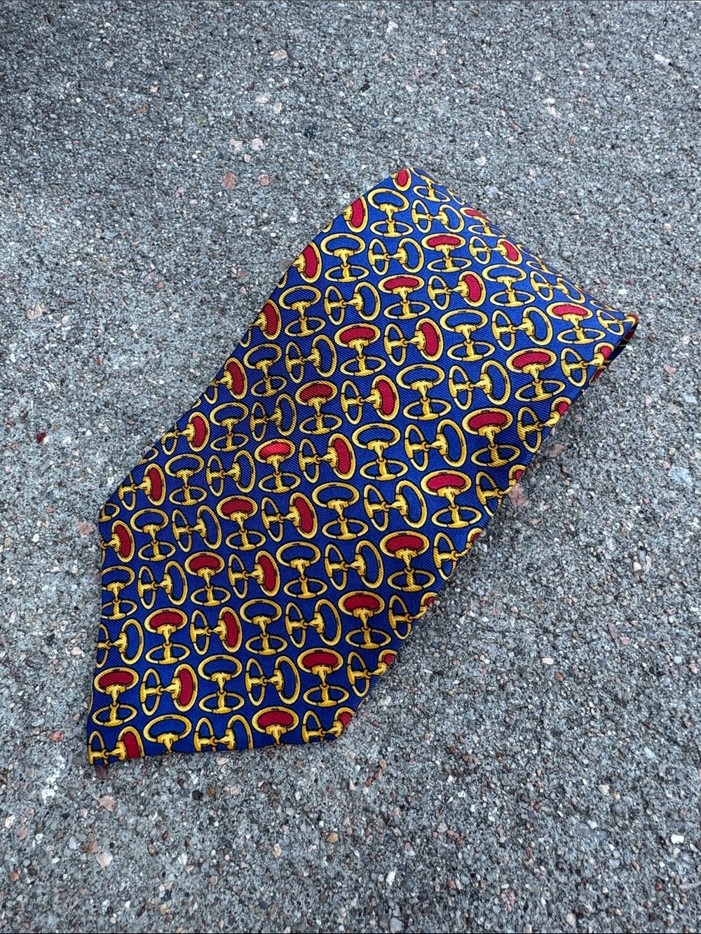 Vintage Dior Men's Silk Tie in Navy, Gold & Red Horsebit Equestrian Motif